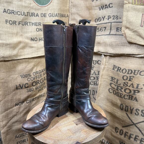 Frye 'Melissa' Harness Boot Tall Dark Brown Calf Size 9 B Genuine Leather - Picture 2 of 9